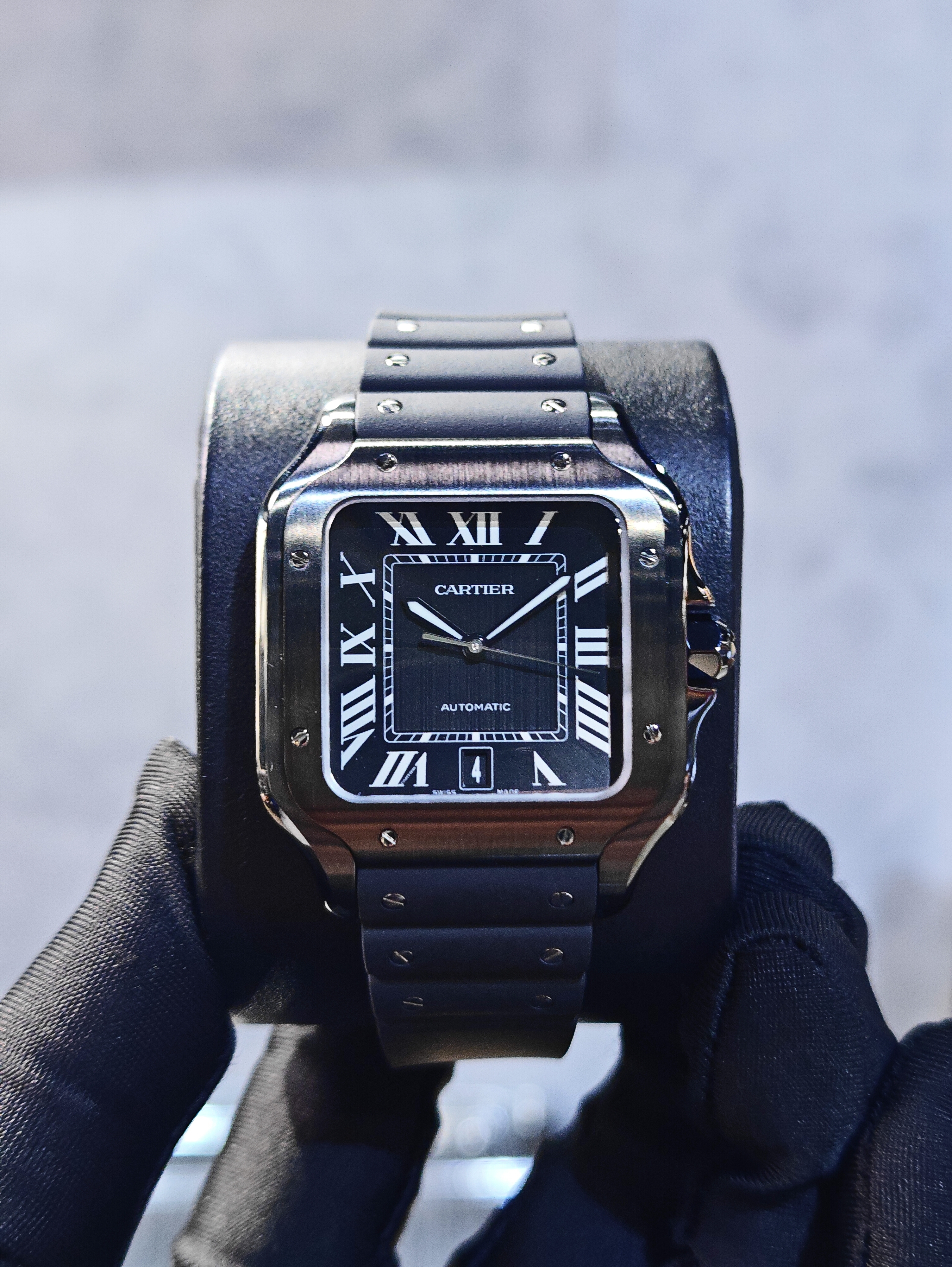BRAND NEW CARTIER WSSA0039 BLACK DIAL SANTOS-DE 40 MM LARGE MODEL AUTOMATIC MOVEMENT ADLC STEEL RUBBER STRAP AND LEATHER BRACELETS