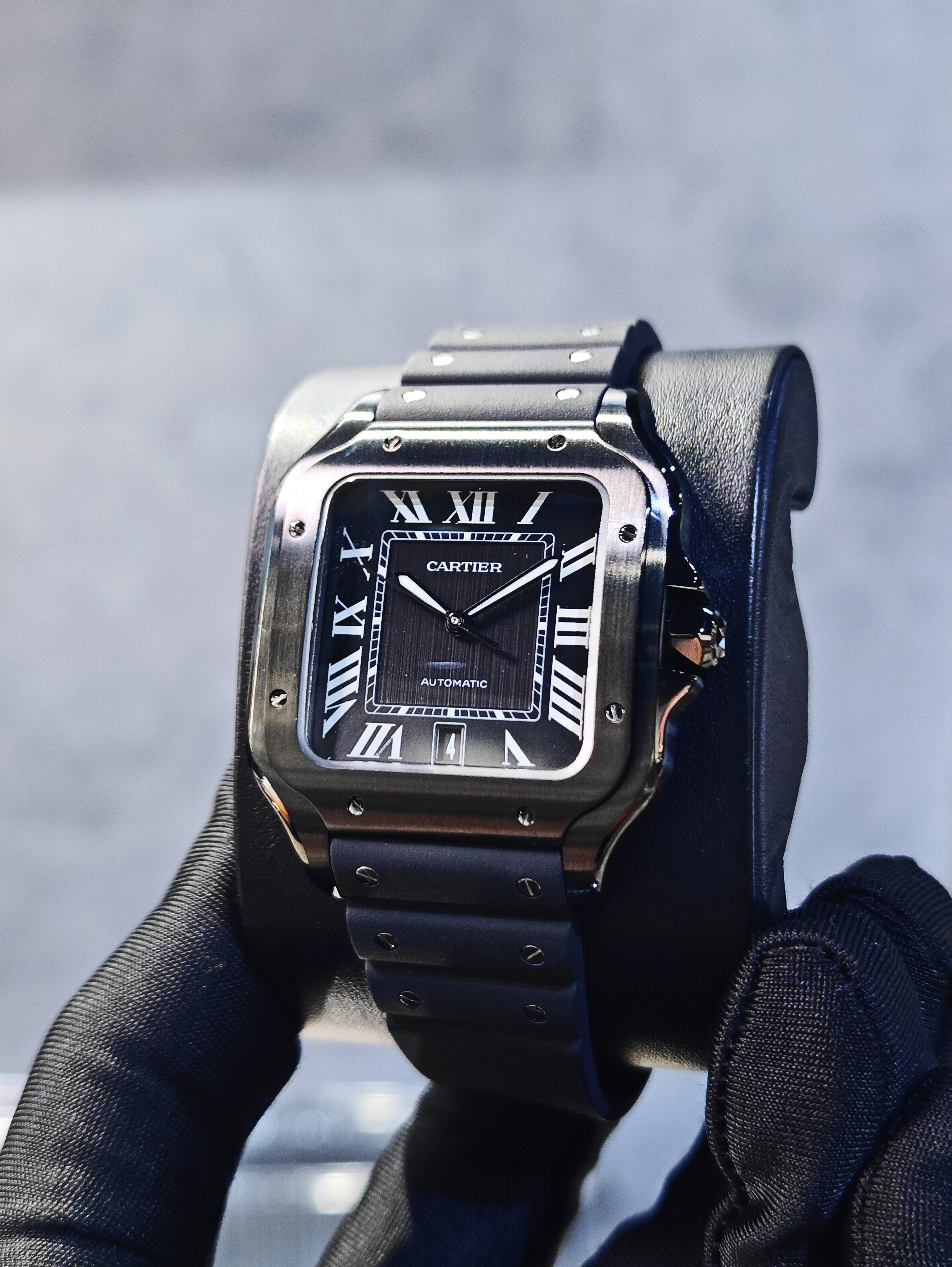 BRAND NEW CARTIER WSSA0039 BLACK DIAL SANTOS-DE 40 MM LARGE MODEL AUTOMATIC MOVEMENT ADLC STEEL RUBBER STRAP AND LEATHER BRACELETS