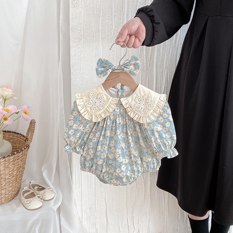 翻領甜美碎花包屁衣｜含髮帶