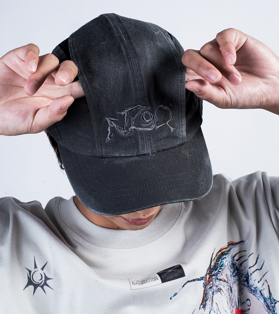 nozzle quiz®｜Dst. Split Cap (Washed Grey/Washed Blue)