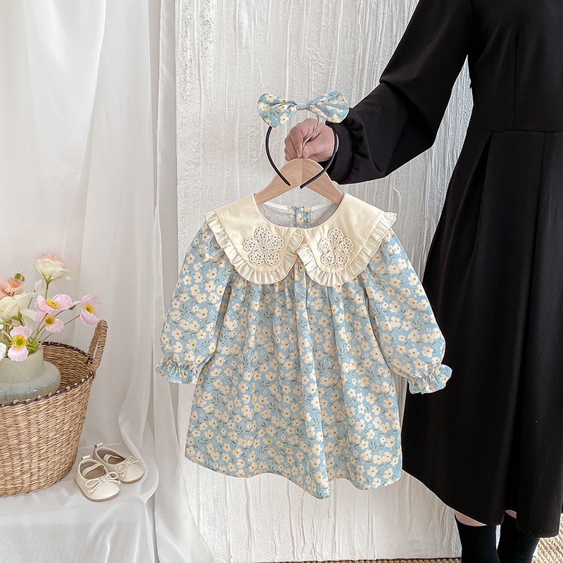 翻領甜美碎花洋裝｜含髮箍