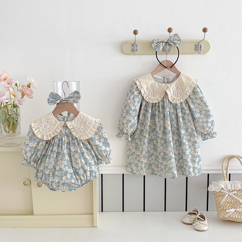 翻領甜美碎花洋裝｜含髮箍