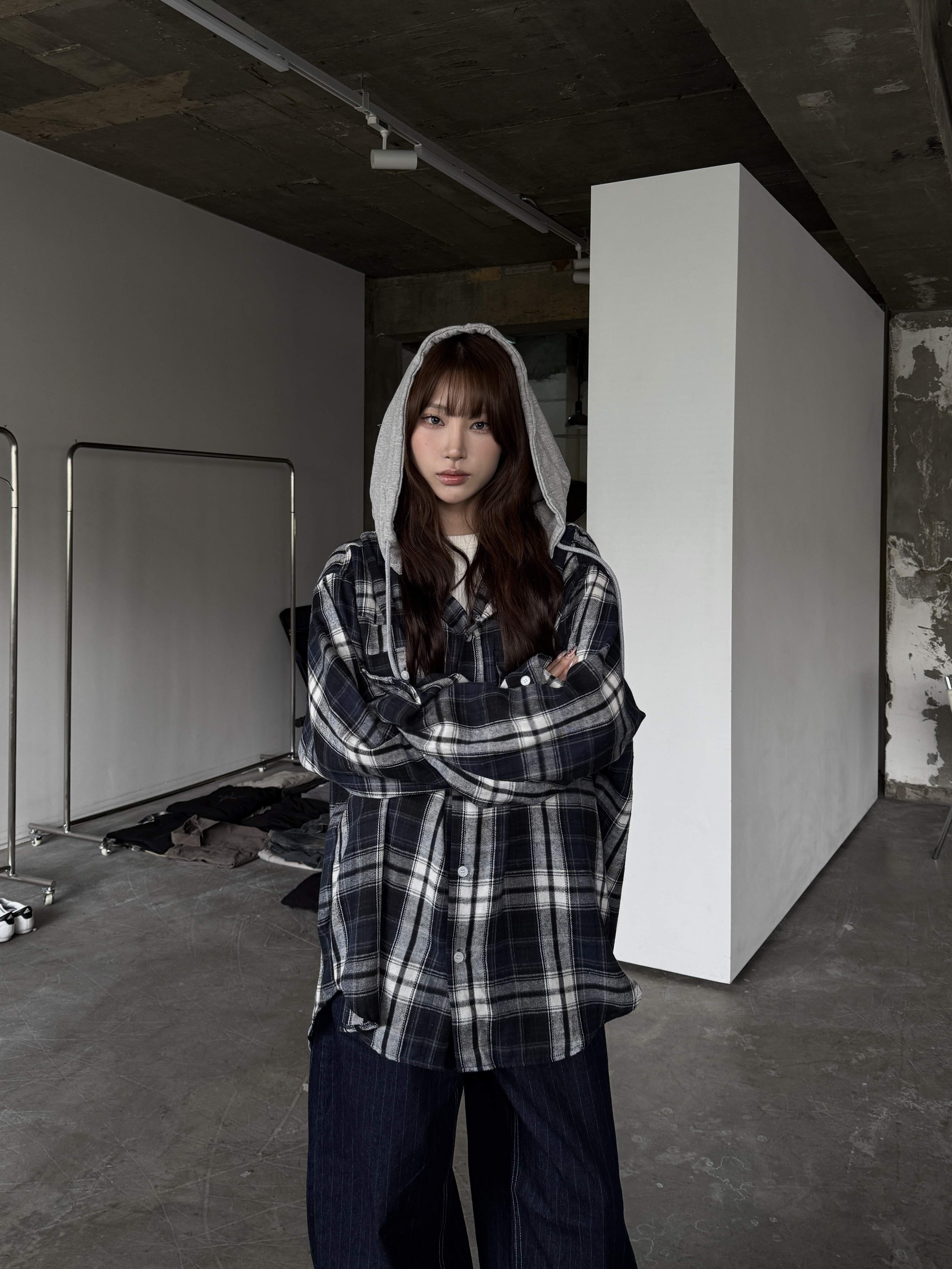 復古格紋 連帽 拼接 寬鬆 長袖 襯衫（部分現貨）