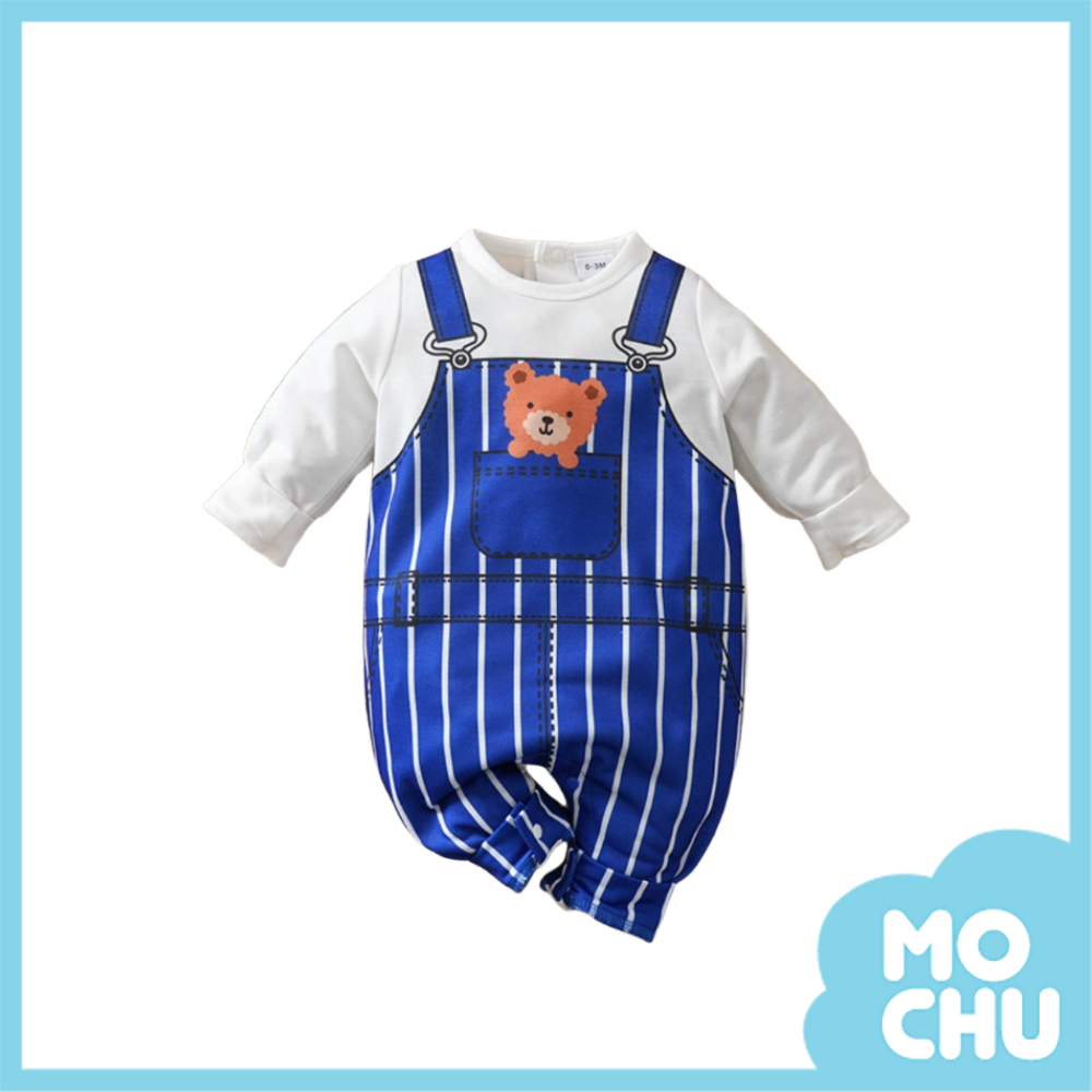藍條紋背帶熊長袖連身衣