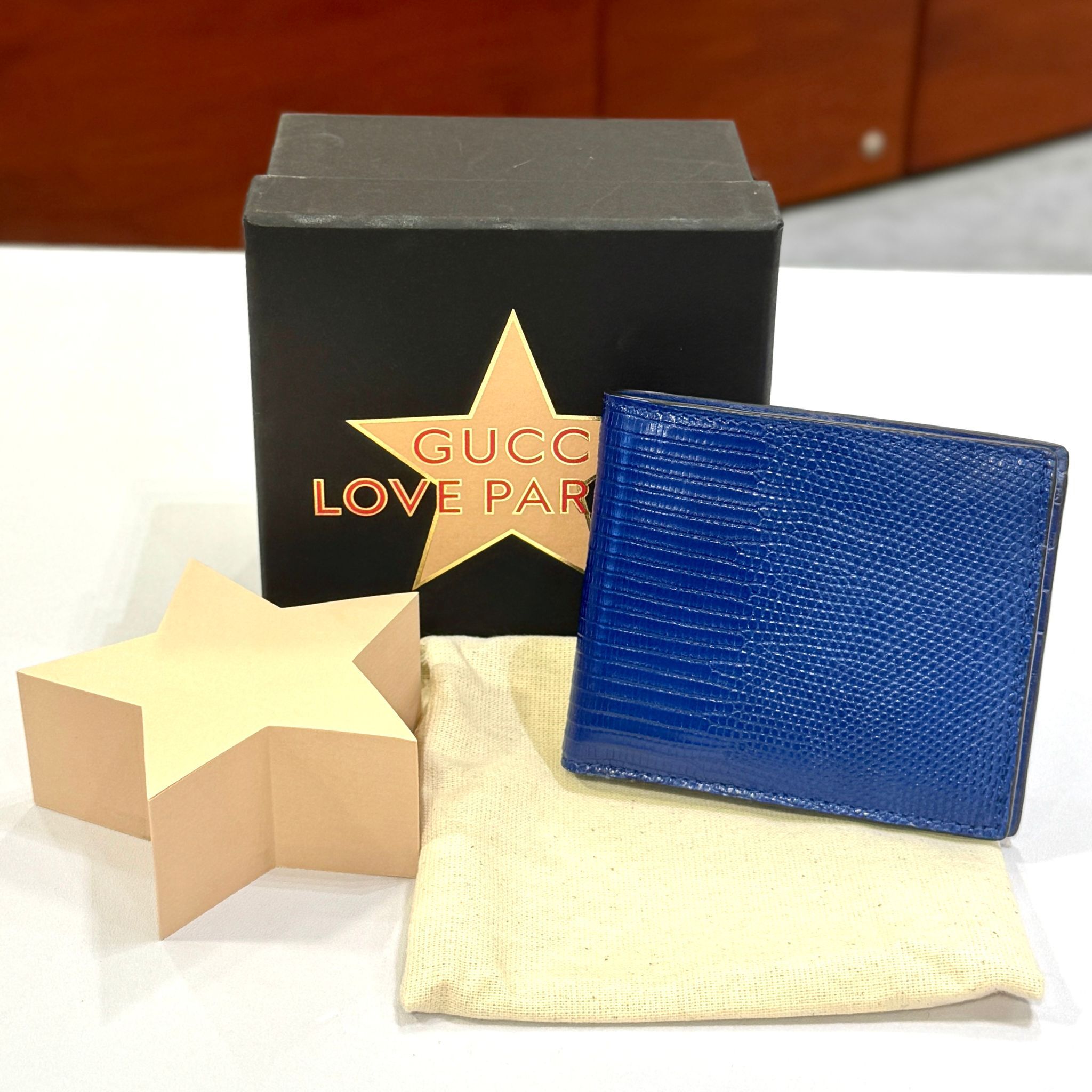 全新GUCCI銀包 664784 0416 藍色蜥蜴皮 兩摺款 連星形便利貼 #BRAND NEW #香榭站正品