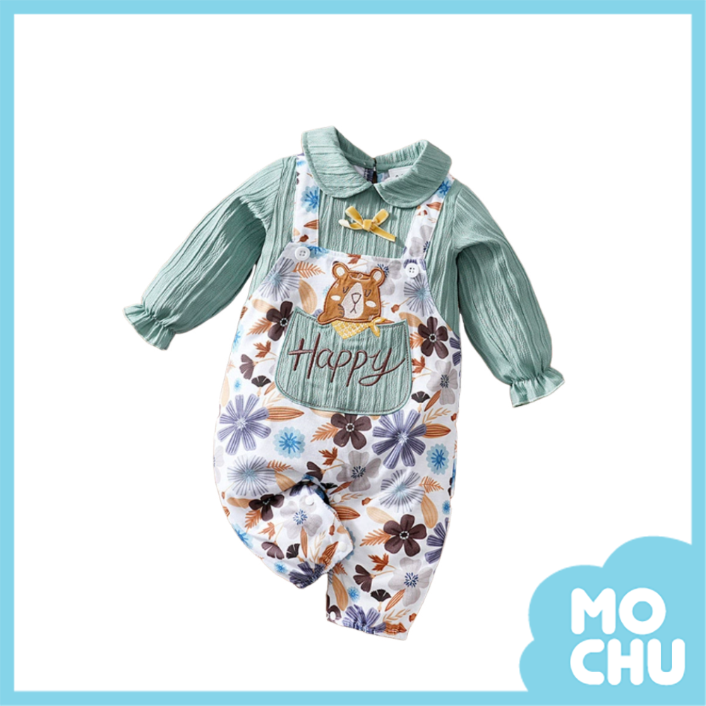 口袋圍巾熊長袖連身衣