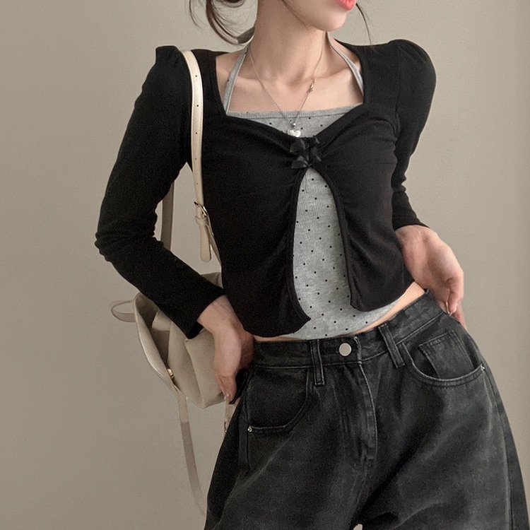 【優惠價現貨】韓國假2件波點掛頸蝴蝶結長袖上衣（2色）