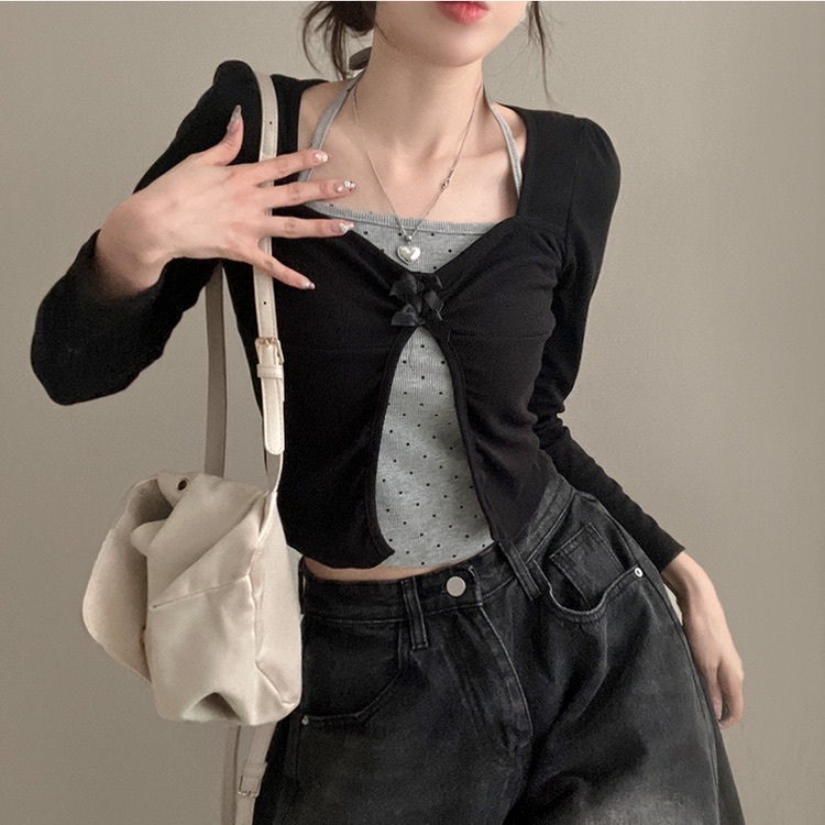 【優惠價現貨】韓國假2件波點掛頸蝴蝶結長袖上衣（2色）