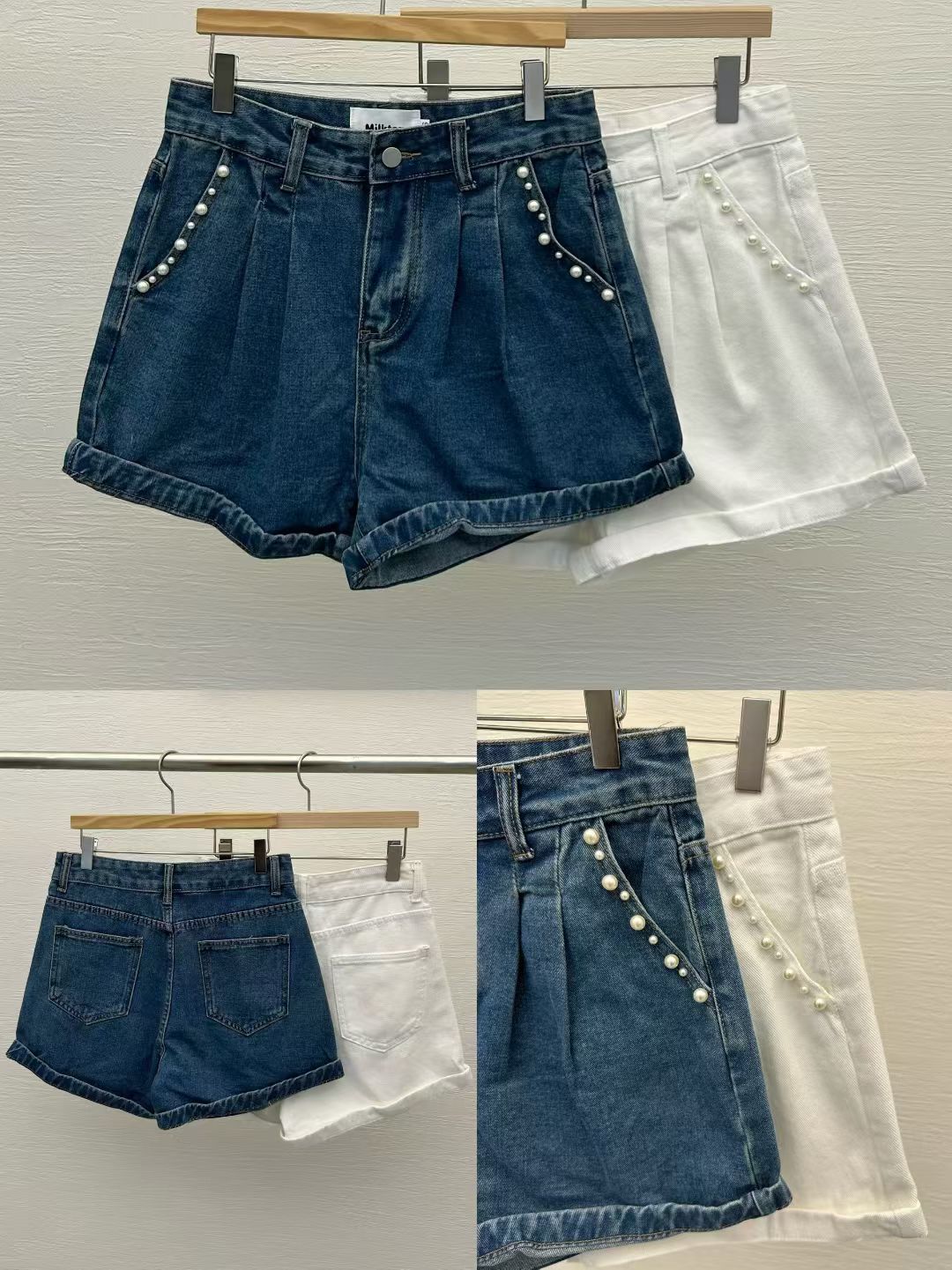 MI5023 珍珠裝飾反摺牛仔短褲