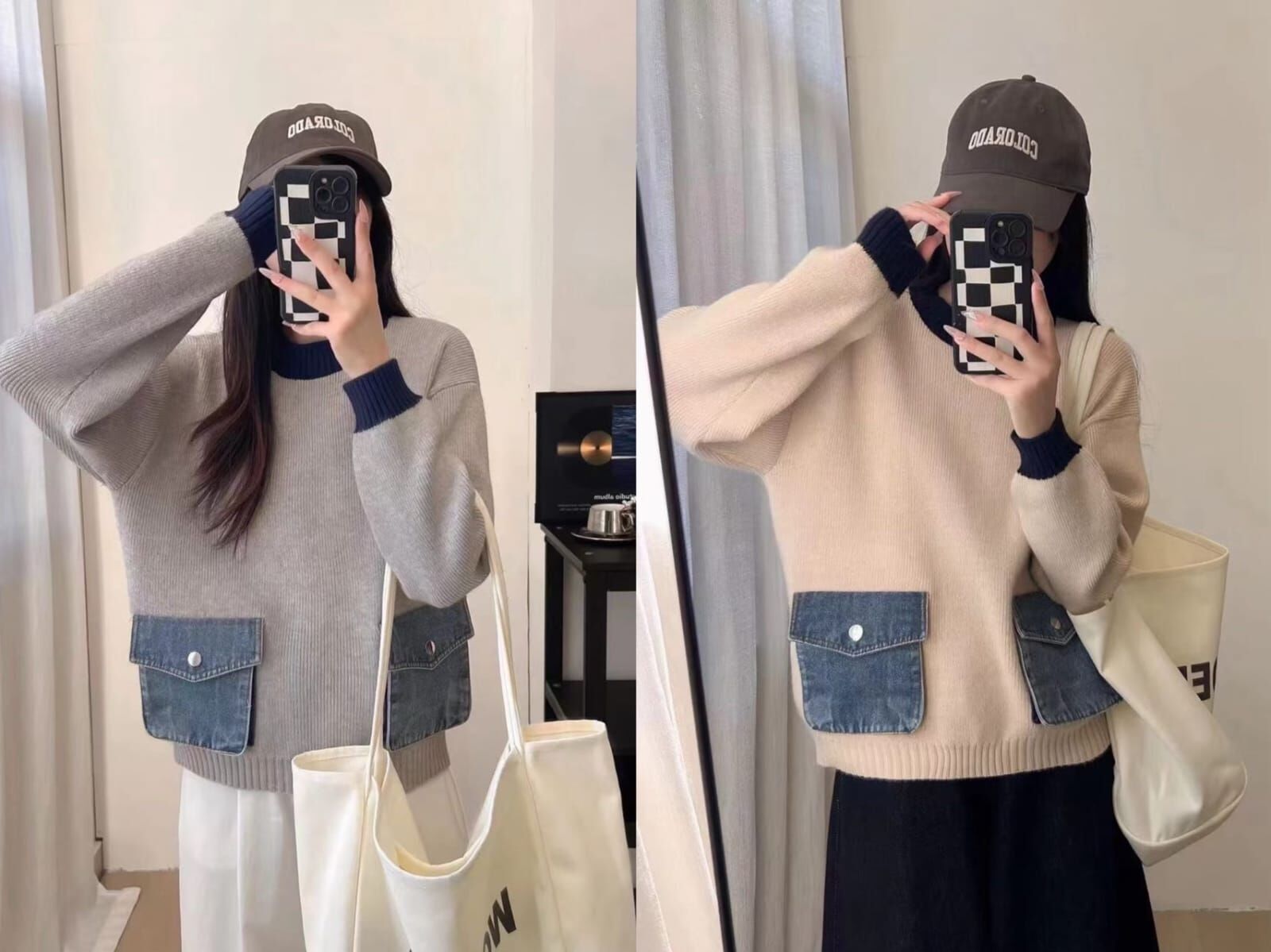 MI5047 牛仔口袋拼針織衫