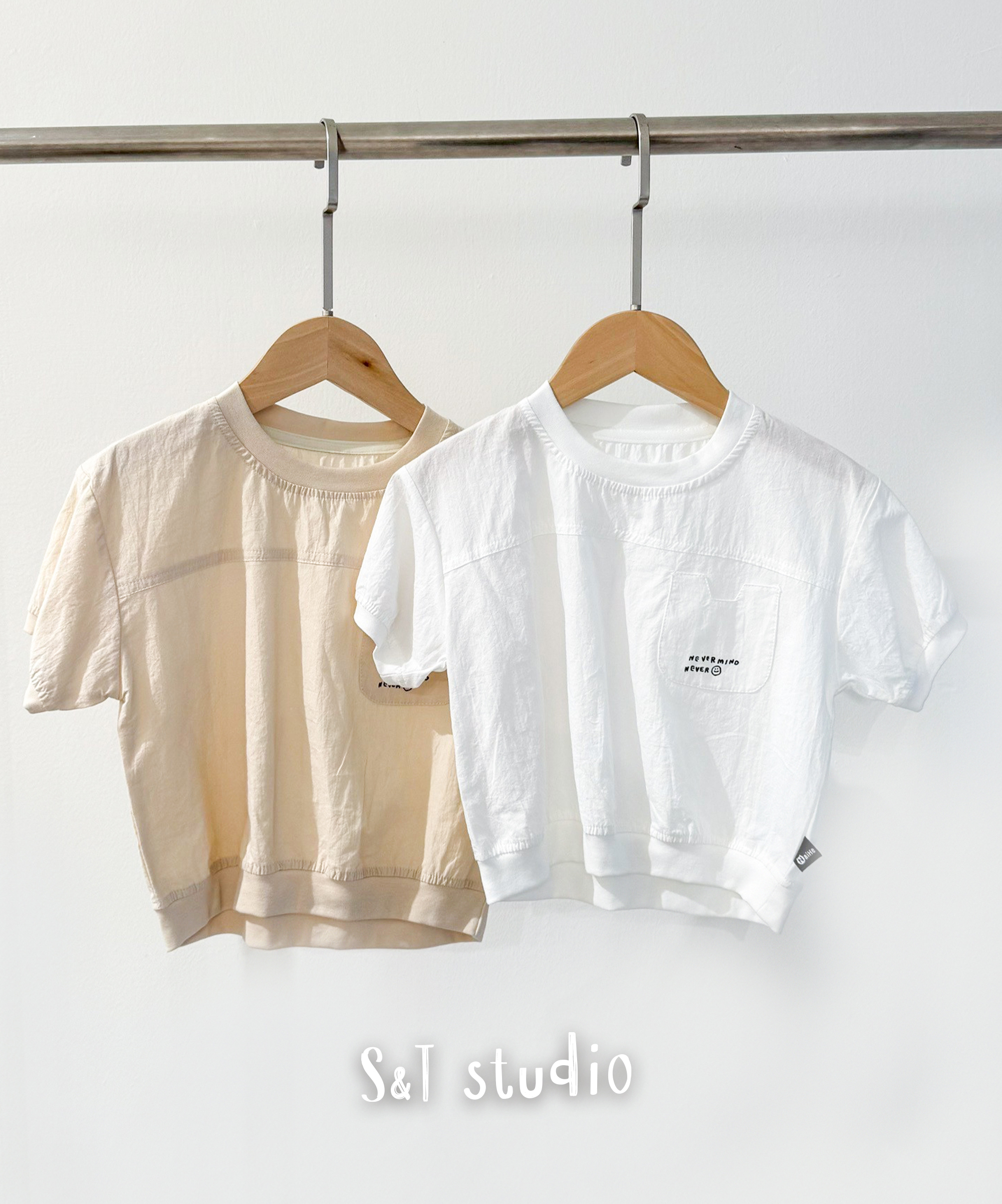 貼布口袋縮口袖短TEE (80-120)兩色