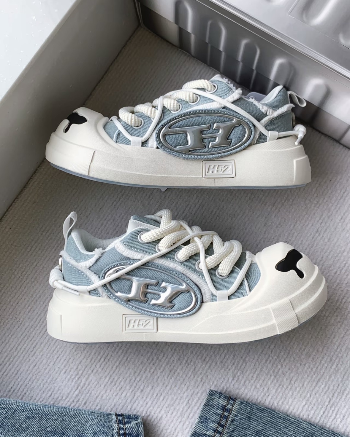 H52 二代 開口笑 奶油蛋糕鞋 解構 溶解 粗鞋帶 小香風 藍