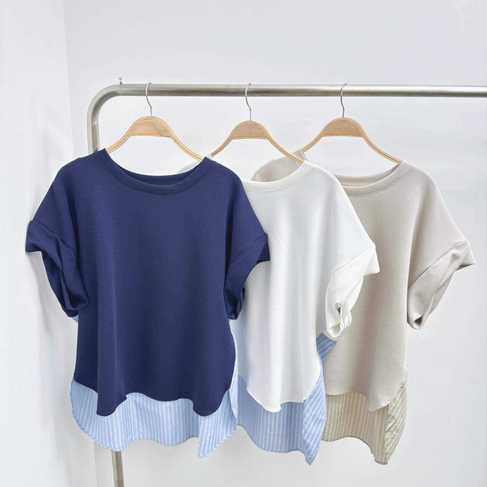 後層次拼條紋恤皺皺扭袖太空棉TOP (F30-F32)