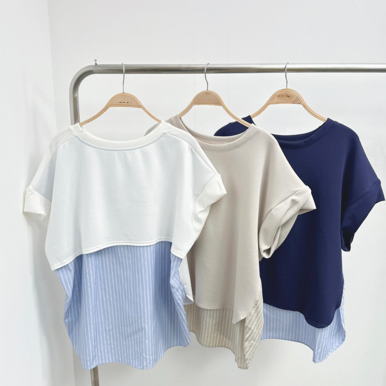 後層次拼條紋恤皺皺扭袖太空棉TOP (F30-F32)