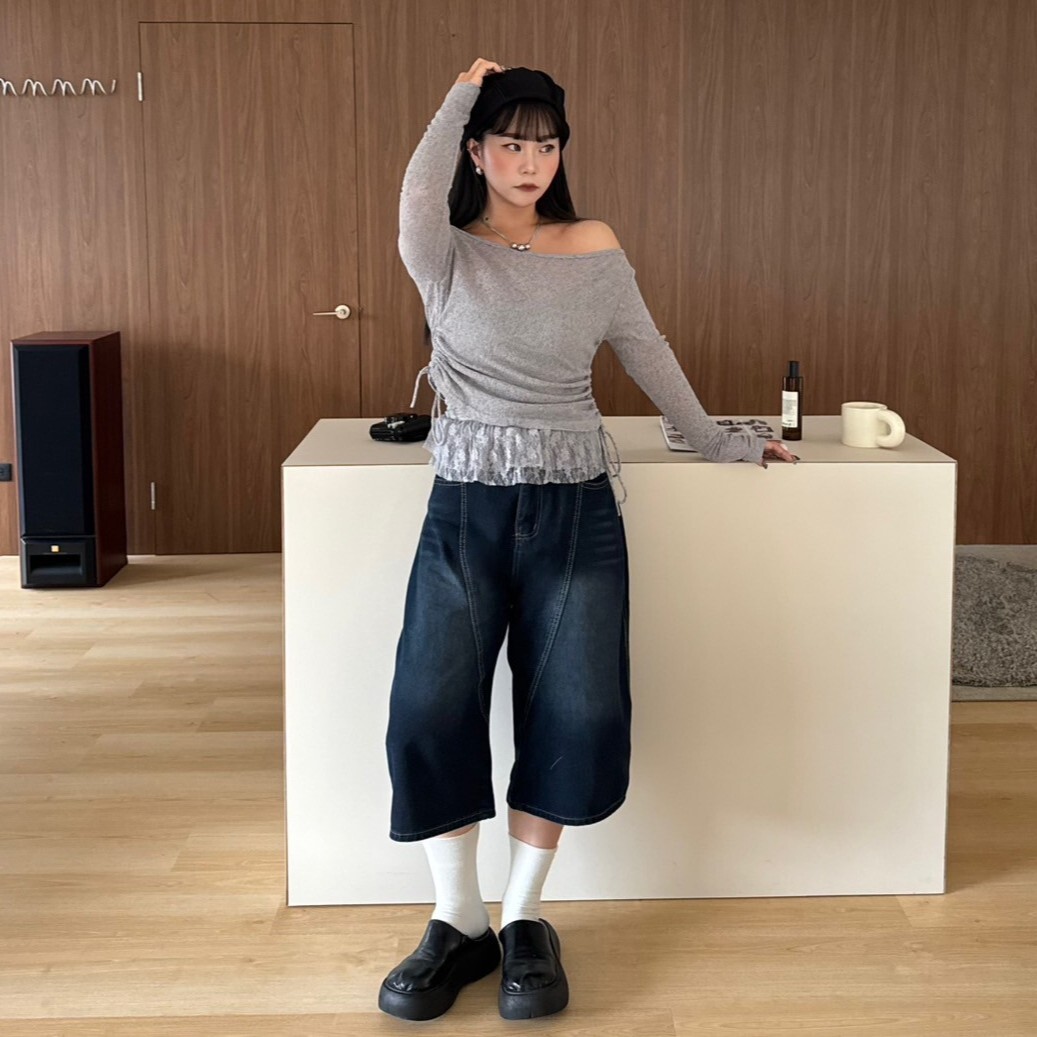 惡作劇計畫 後刺繡彎刀牛仔七分褲