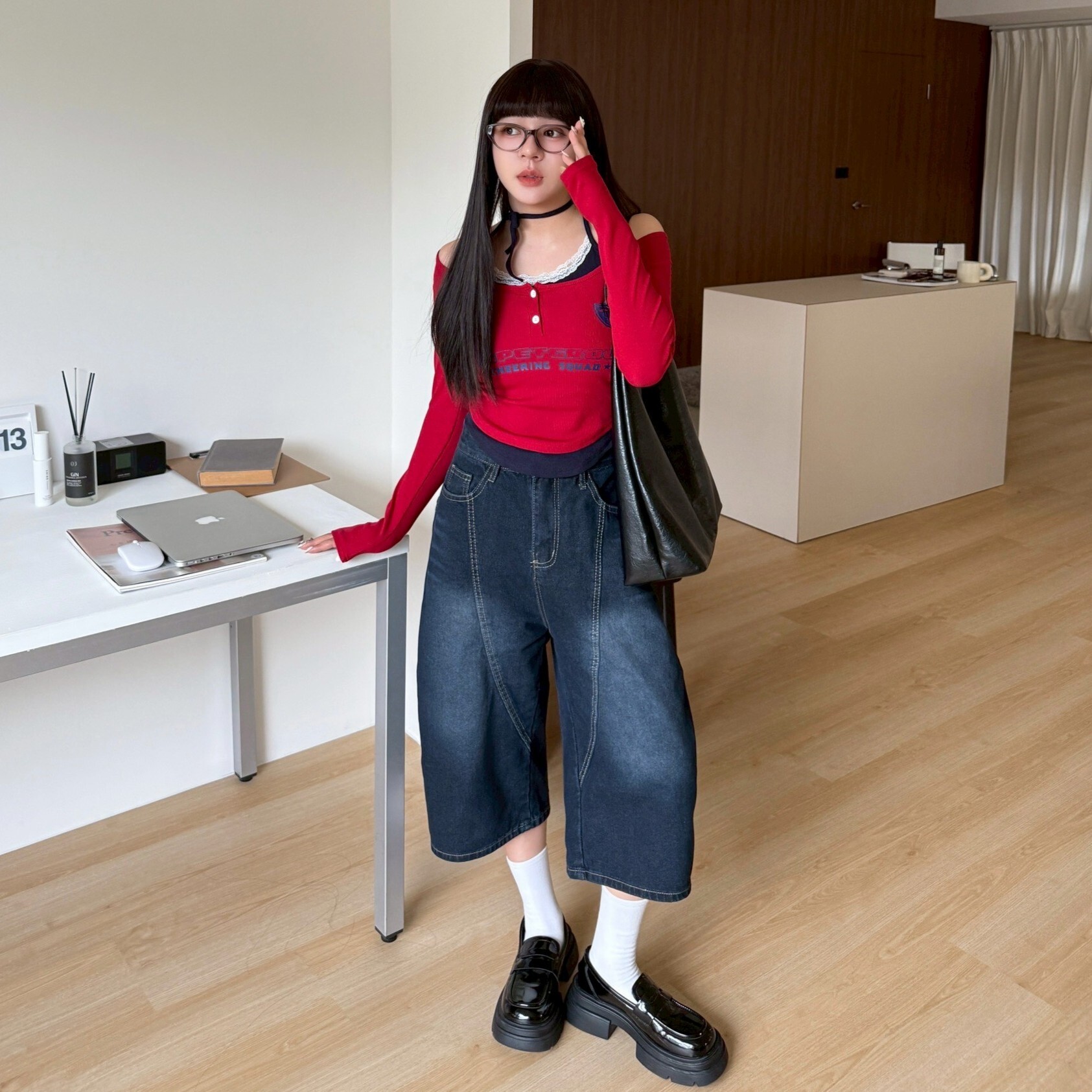 惡作劇計畫 後刺繡彎刀牛仔七分褲