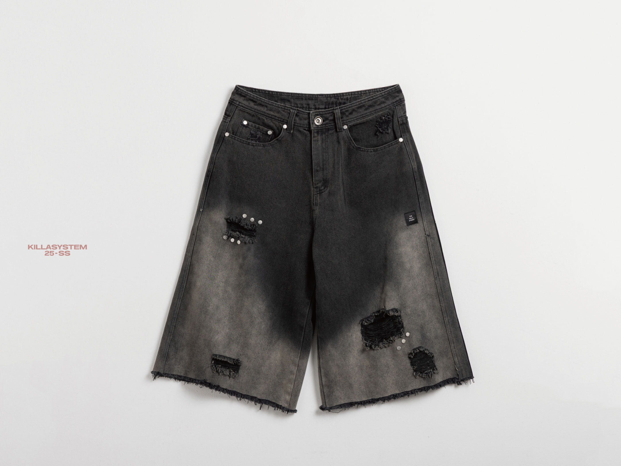 KILLASYSTEM 25S/S DAMAGE WASHED DENIM SHORTS 牛仔水洗破壞七分褲 闊口 不收邊