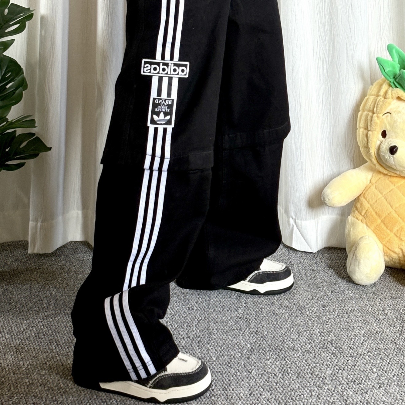 ADIDAS ORIGINALS LOGO條紋寬褲  黑色 單寧 褲管可拆 休閒 女款 JD0082