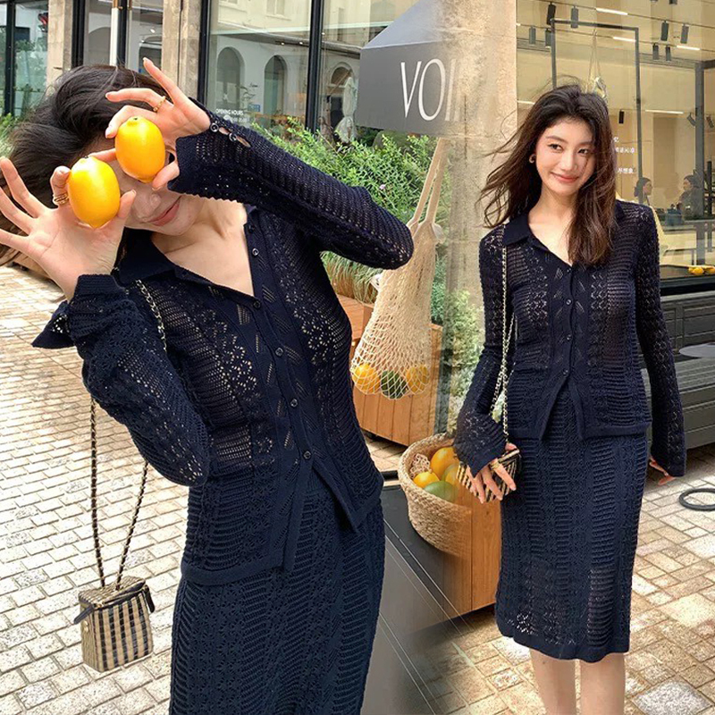 經典黑針織排釦上衣罩衫+及膝鉛筆裙SETS-XL (Elegant & Love)