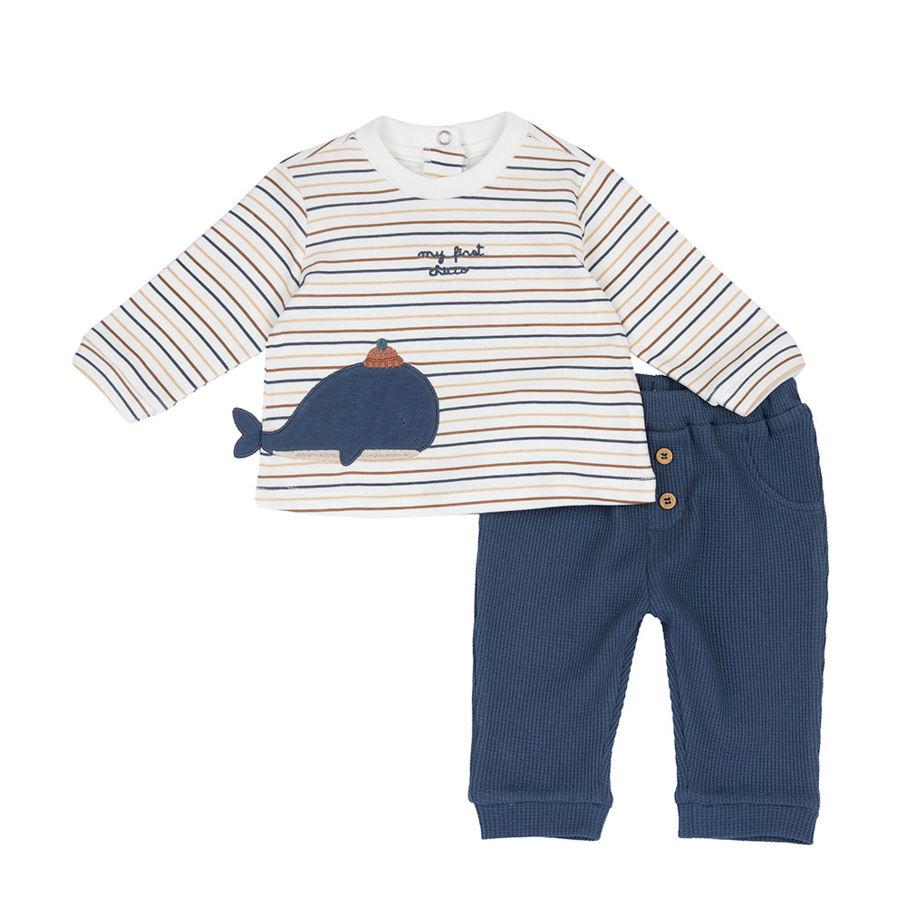 海洋鯨魚-條紋+繡圖長袖套裝