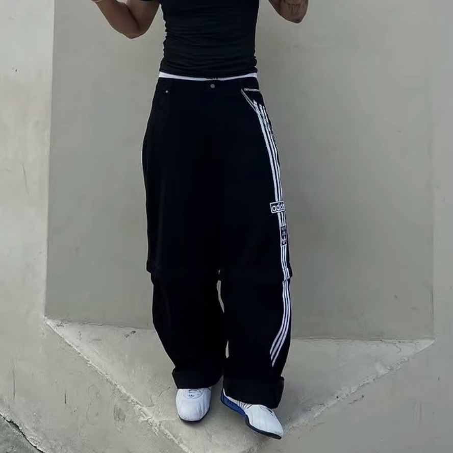 ADIDAS ORIGINALS LOGO條紋寬褲  黑色 單寧 褲管可拆 休閒 女款 JD0082