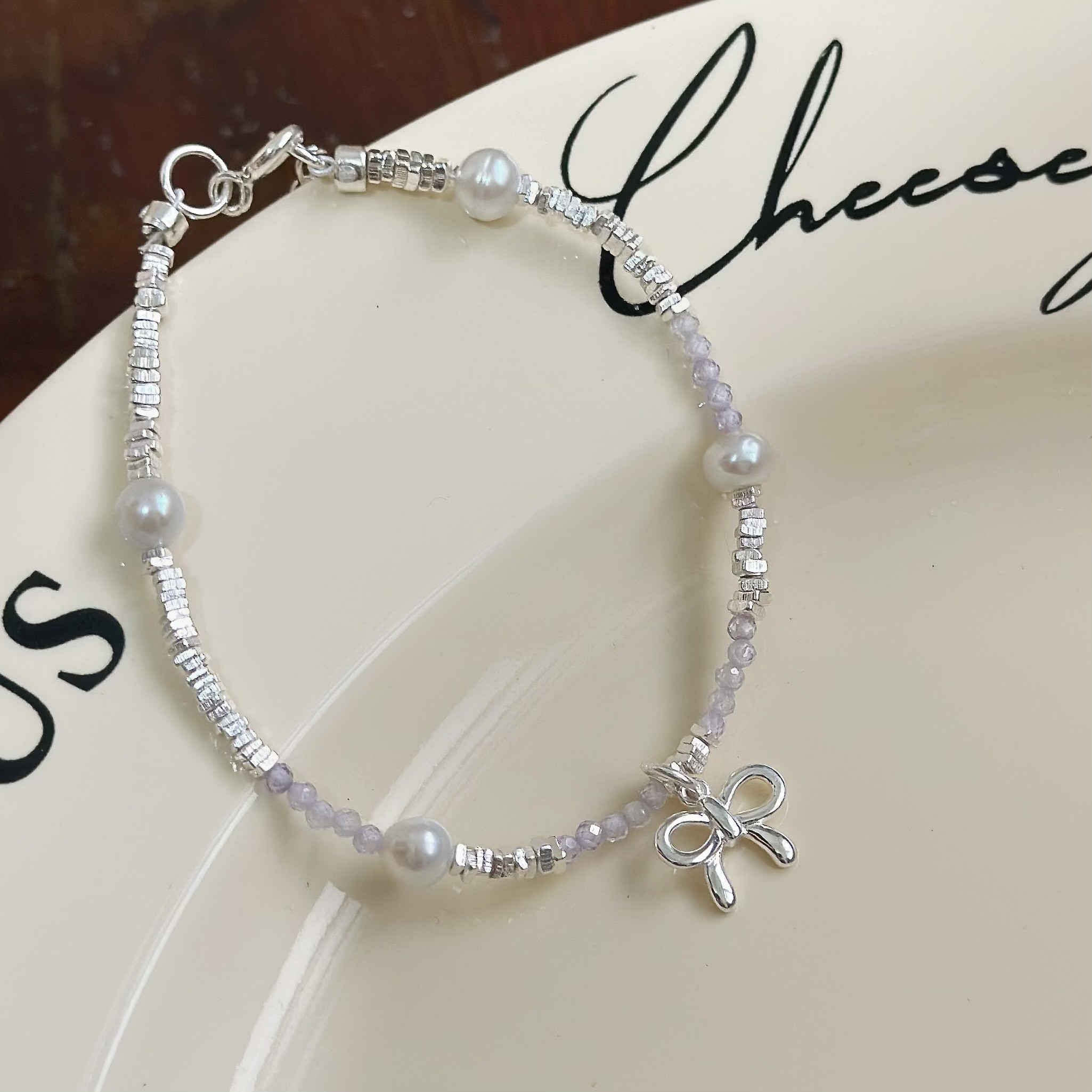 H172碎銀珍珠紫鋯石蝴蝶結純銀手鍊