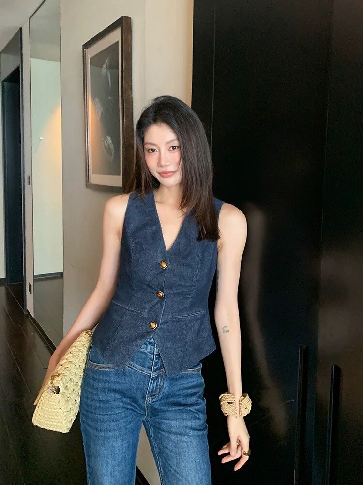 海軍藍復古收腰V領排釦背心上衣S-XL (Elegant & Love)