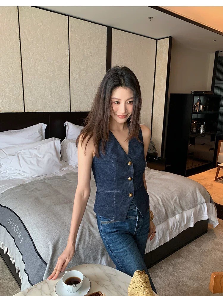 海軍藍復古收腰V領排釦背心上衣S-XL (Elegant & Love)