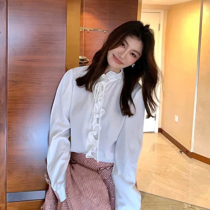 溫柔女子荷葉立領滾邊綁帶造型上衣S-XL / 2色 (Elegant & Love)