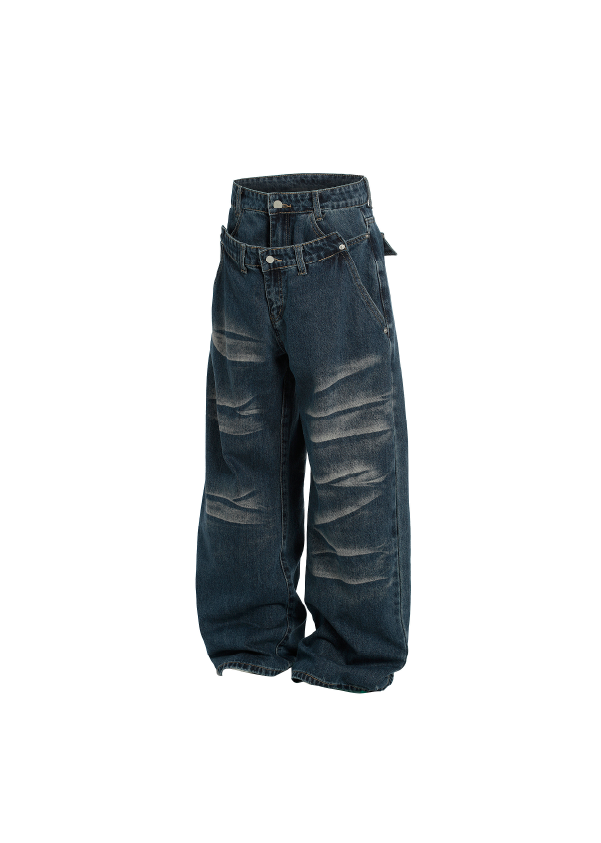 - SIMPLEACTION - 美式做舊水洗假兩件牛仔褲