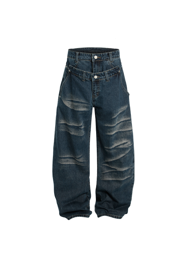 - SIMPLEACTION - 美式做舊水洗假兩件牛仔褲