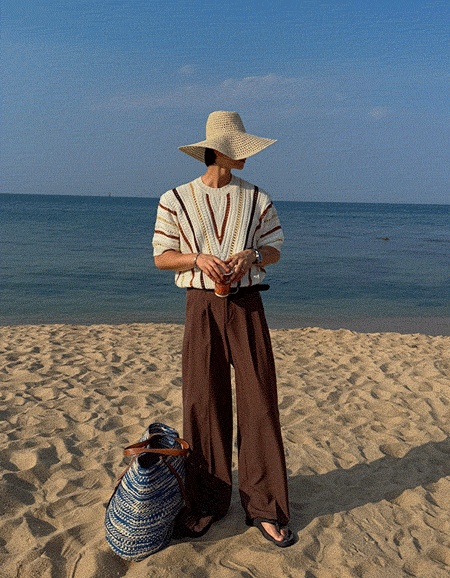梅伊鏤空拼色短袖針織衫