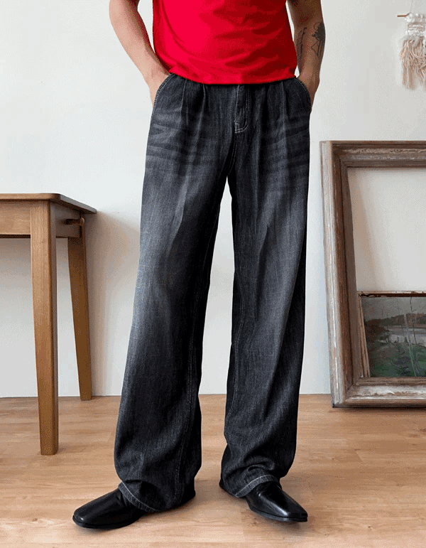 冰絲亞麻後背飾帶牛仔褲