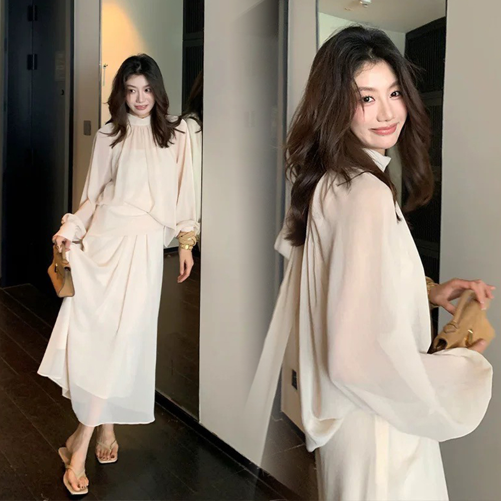 仙女氣息後綁帶立領上衣+長裙SET-S-L / 2色 (Elegant & Love)