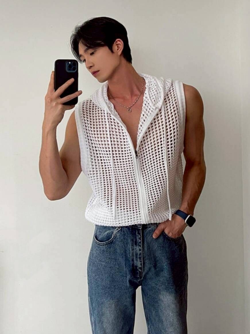 網眼連帽拉鍊背心