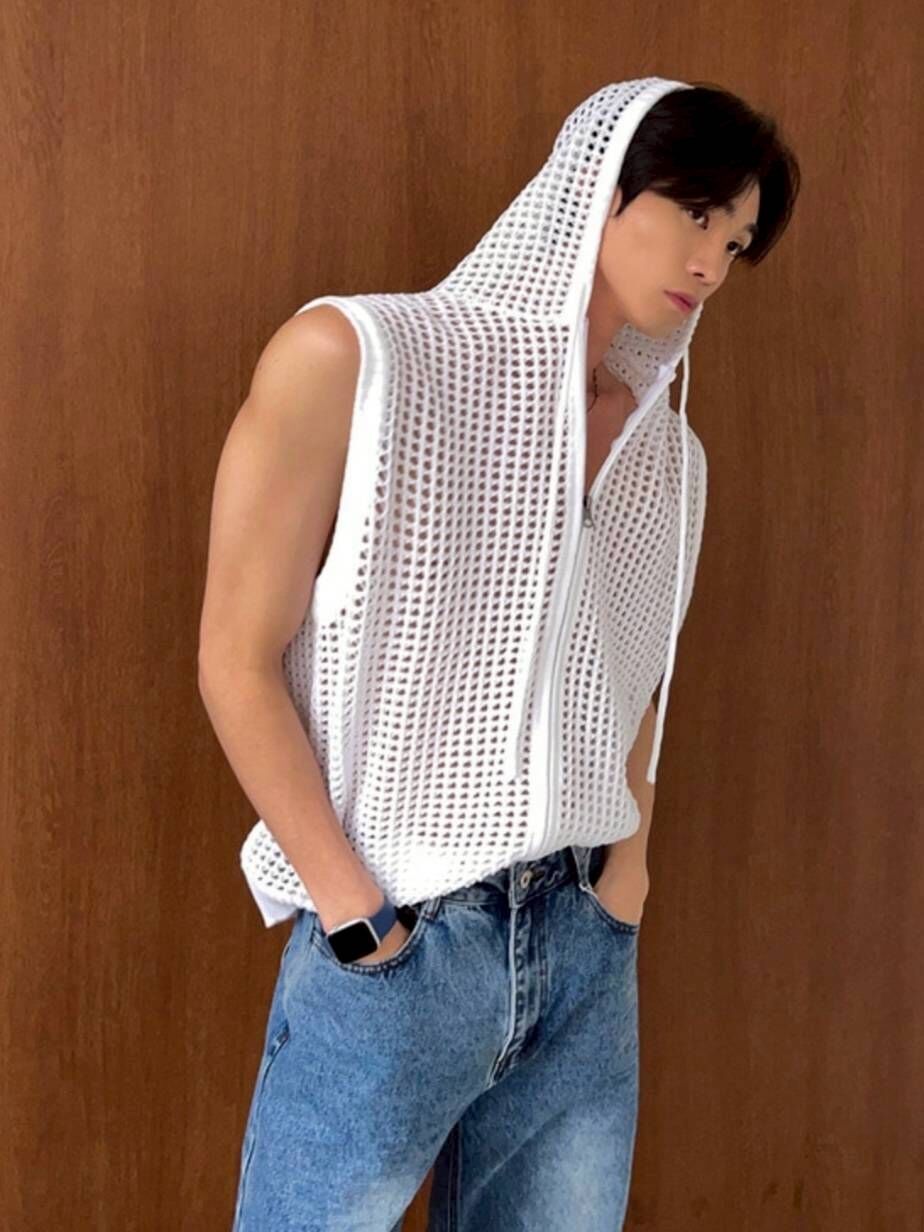 網眼連帽拉鍊背心