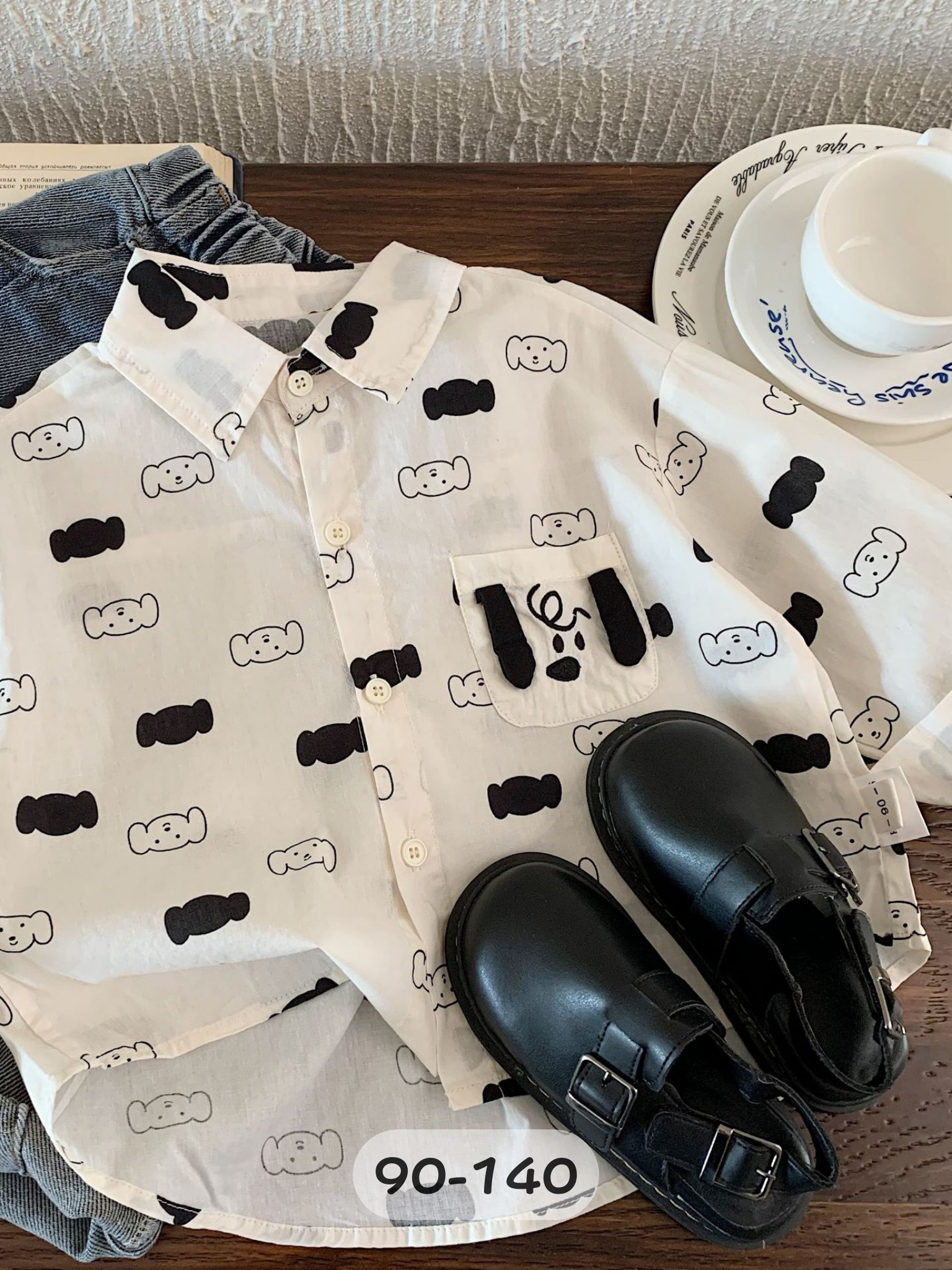 黑白小狗勾 長袖上衣/襯衫