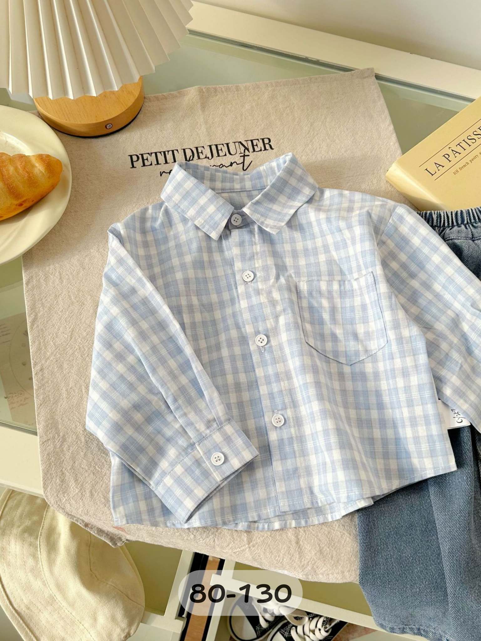 淺藍格子 長袖上衣/襯衫