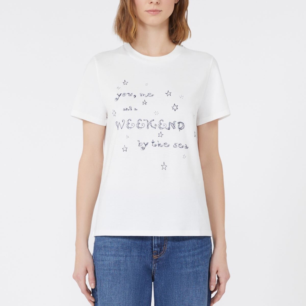 1LN0902-012 MAX MARA Weekend Cotton Print T-Shirt White #5976045106-001 (C-BR-E)