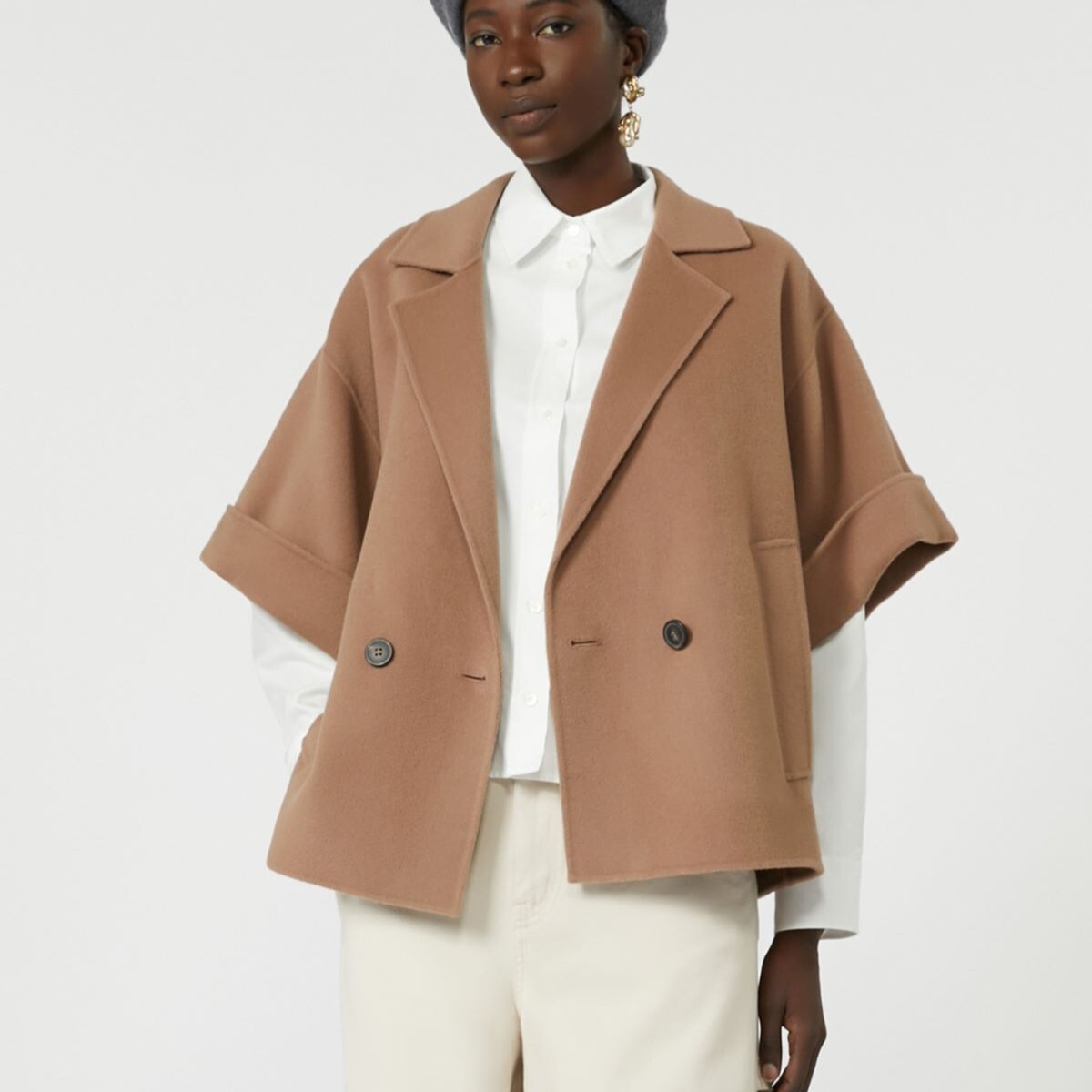 1LN0902-015 MAX MARA Weekend Short Wool Broadcloth Coat Light Brown #5086025106-087 (C-BR-E)