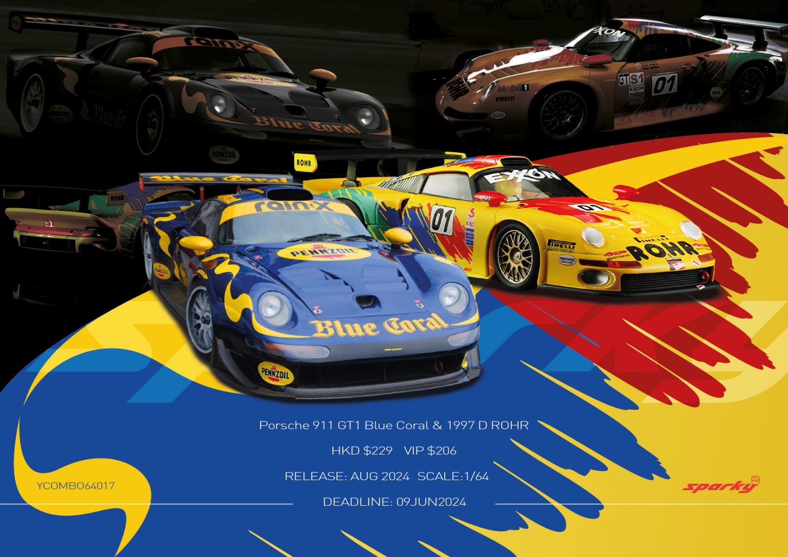 Sparky 1/64 Porsche 911 GT1 Blue Coral & 1997 D ROHR (Tiny Exclusive)