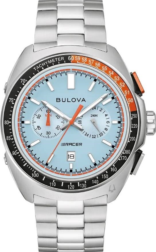 萬年鐘錶 - BULOVA 寶路華 藍色面盤賽車三眼計時不鏽鋼錶帶男錶 98B432 錶徑 42MM