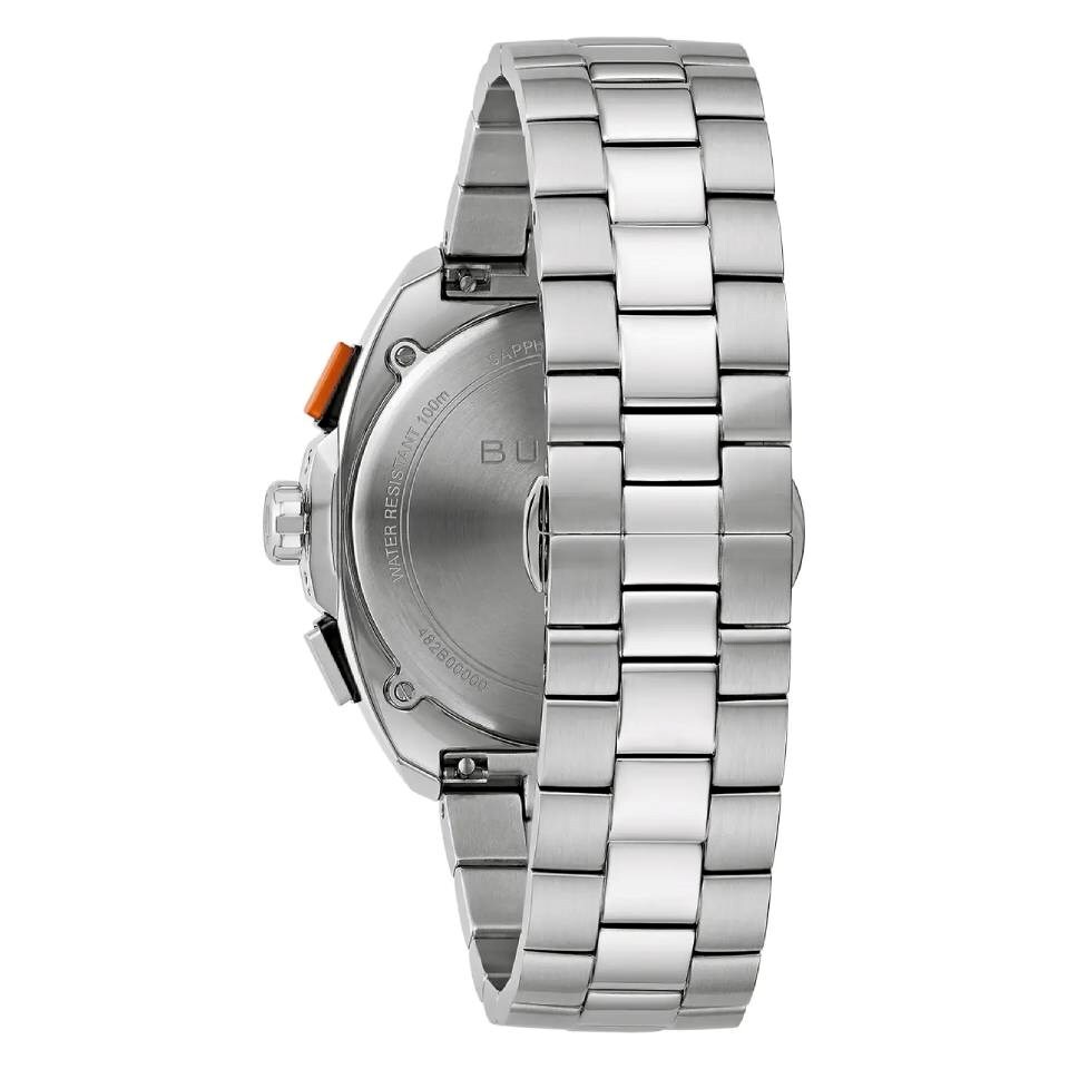 萬年鐘錶 - BULOVA 寶路華 藍色面盤賽車三眼計時不鏽鋼錶帶男錶 98B432 錶徑 42MM