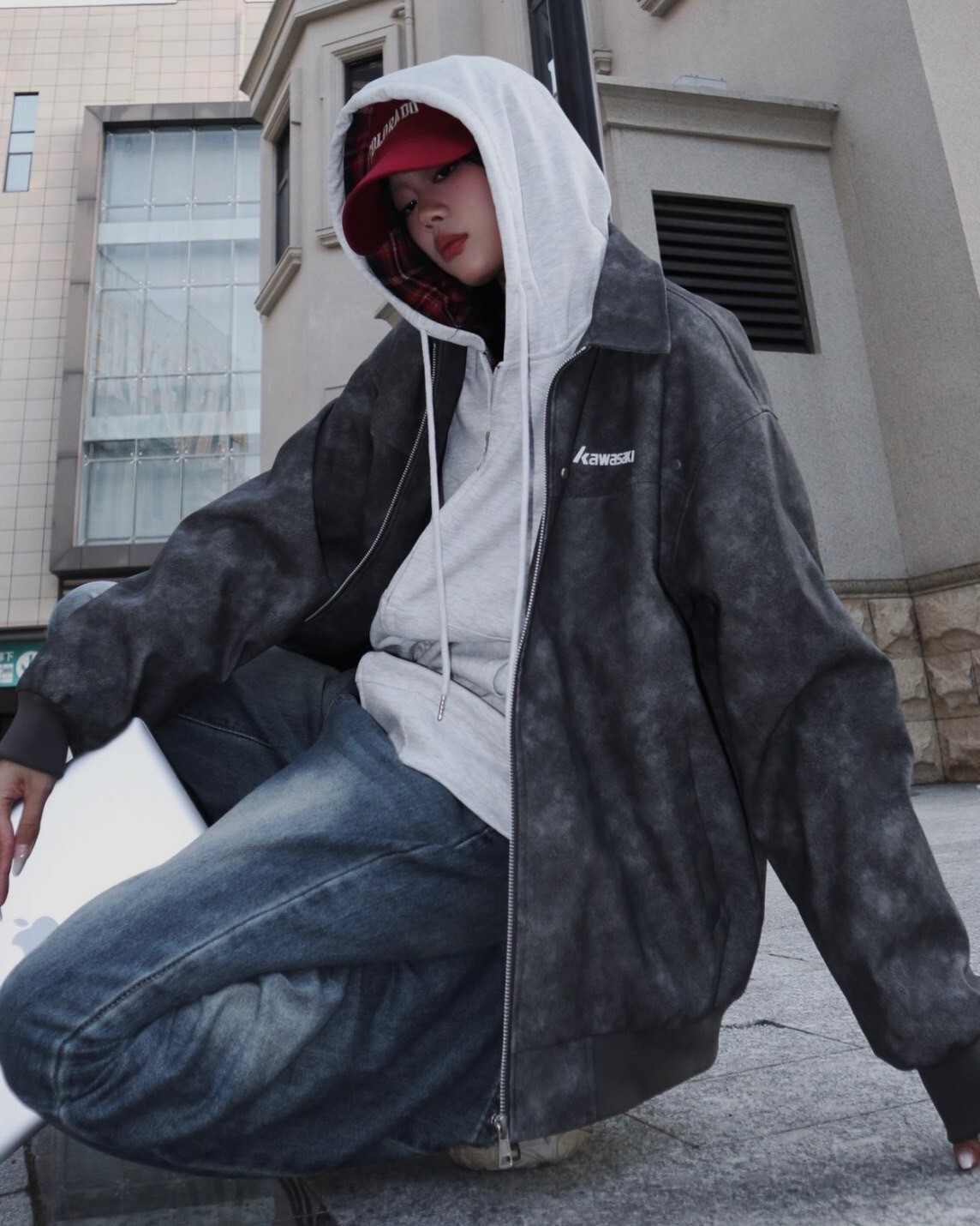 KAWASAKI 美式水洗皮衣 做舊 翻領 外套 川崎