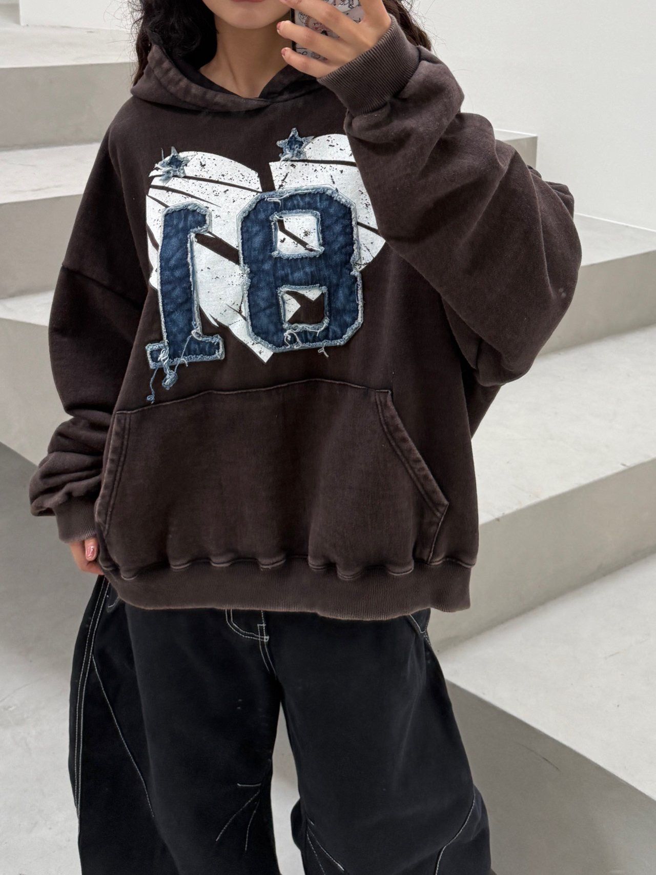 洗水數字圖案連帽衛衣 UNUSED-130T