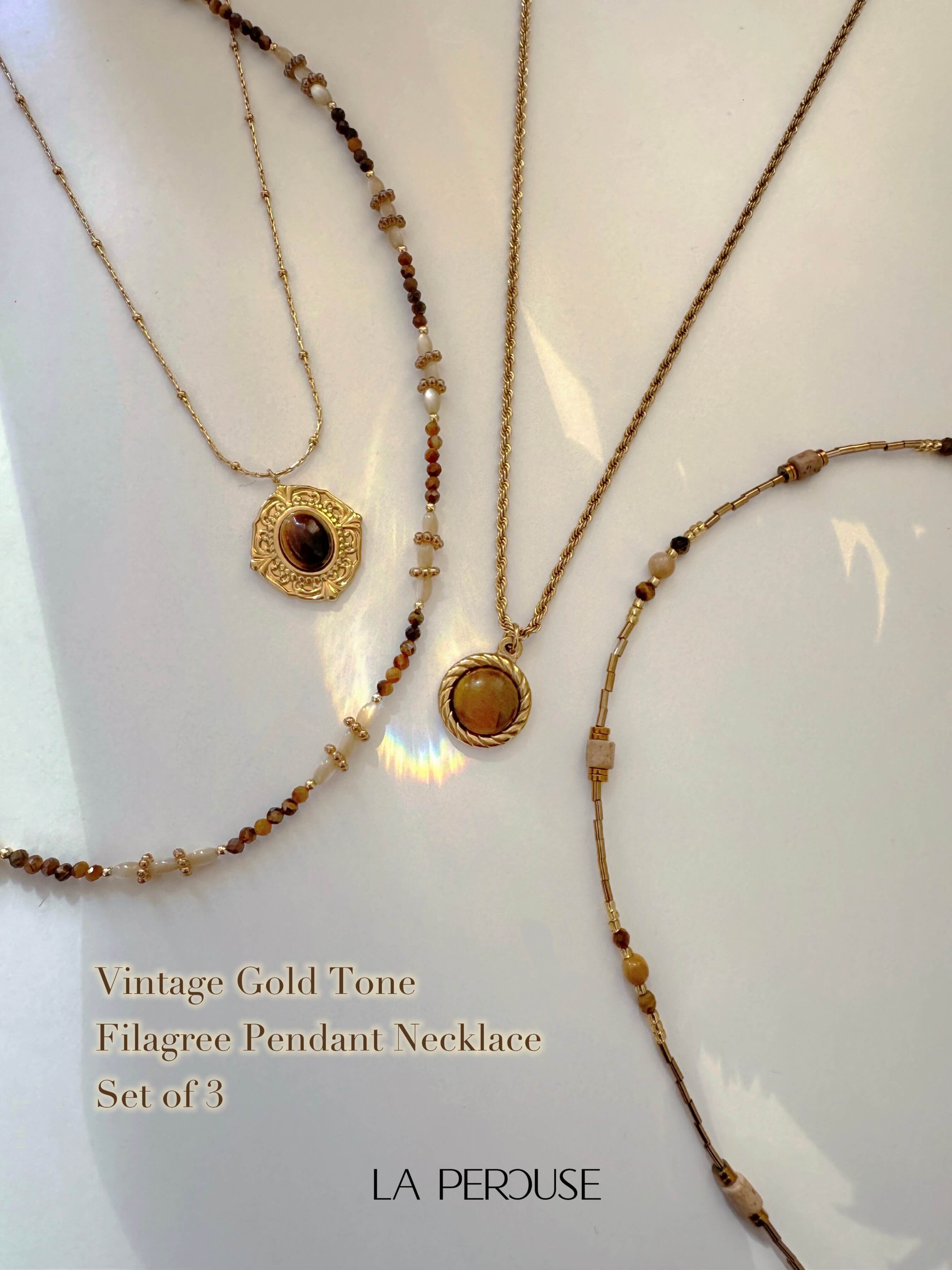 Vintage Gold Tone Filagree Pendant Necklace - Set of 3_NL258L18