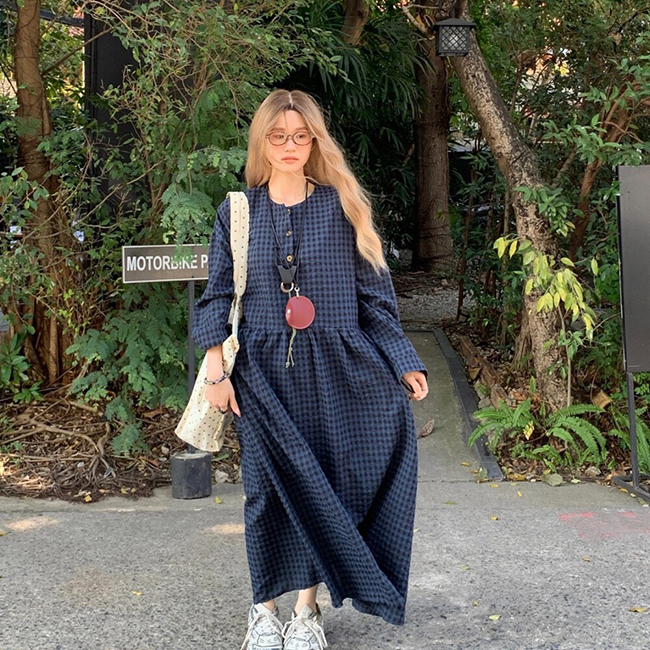 秋 長袖格子洋裝-預購