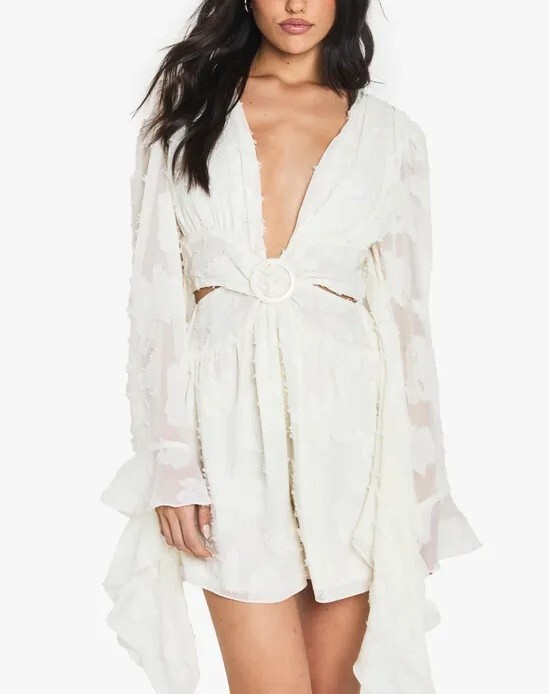 Cream Boho奶油白色燒花植絨連身短褲Romper