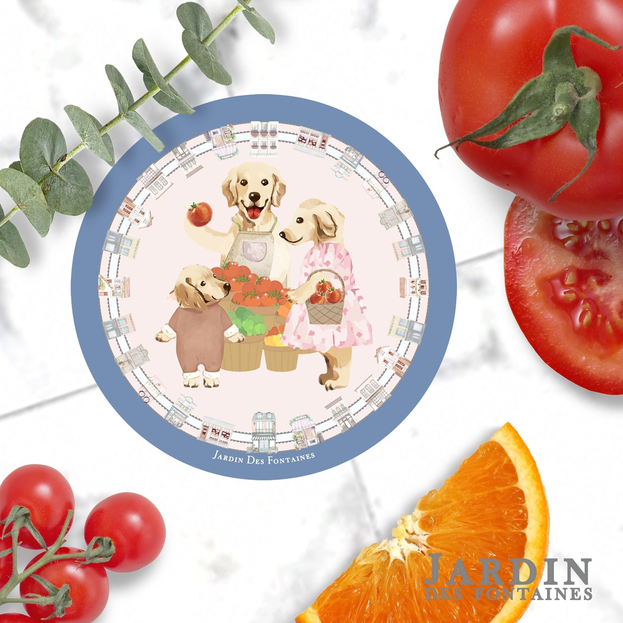 JARDIN DES FONTAINES oh my dog golden retriever & tomato ceramic coaster