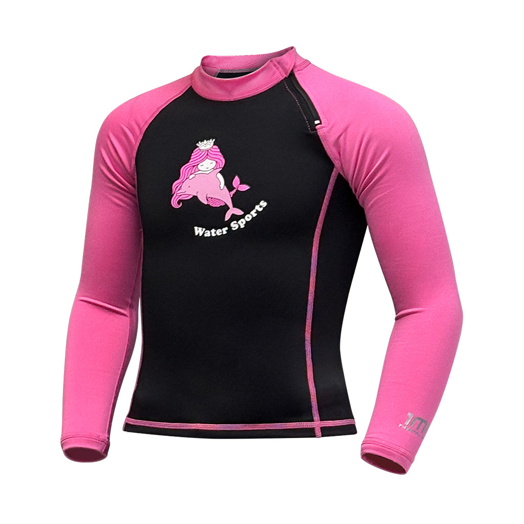 1mm 兒童四向拉伸抓毛游泳保暖上衣 - 黑/粉紅